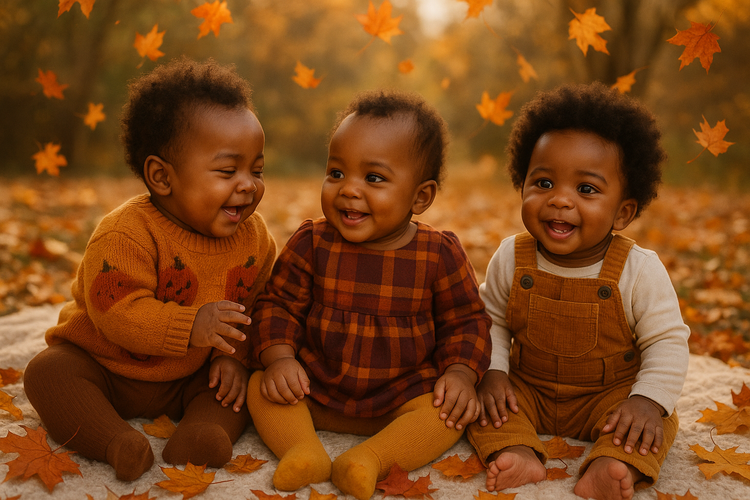 3 beautiful black babies playing in Fall outfits 