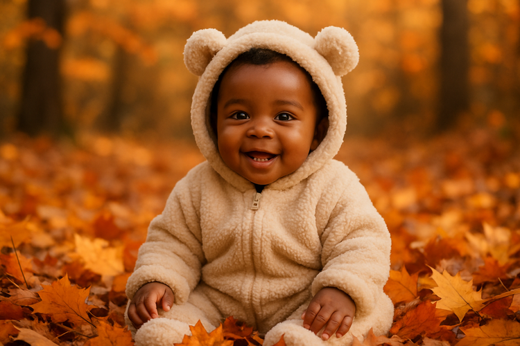 Black Baby in Cozy Bear Fleece Romper in the Fall time